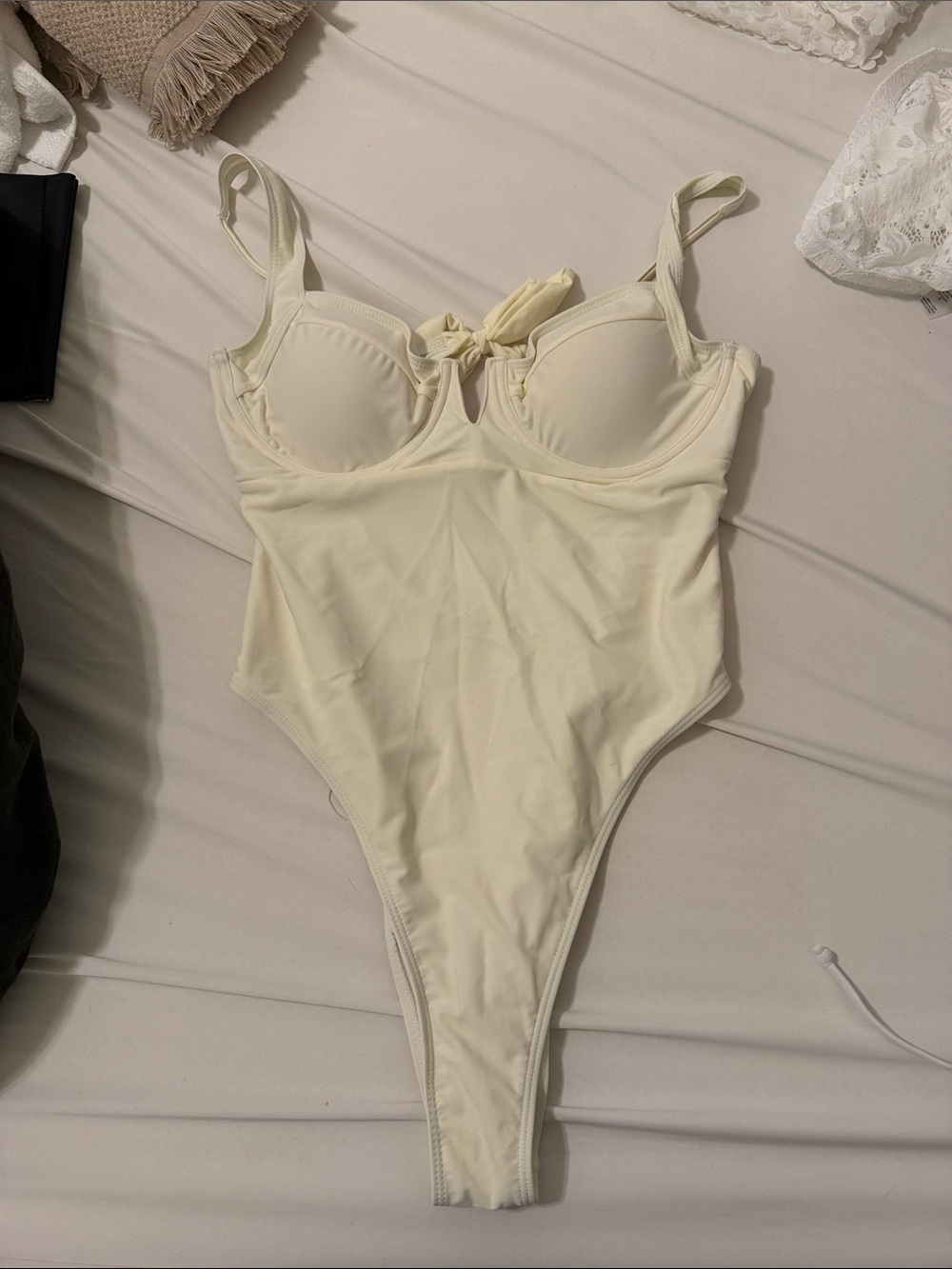 Women’s High Cut Tie Back Cream One Piece Swimsuit